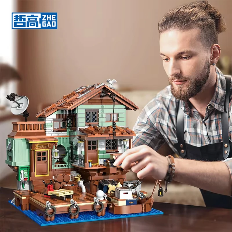 ZHE GAO Mini Creative Fishing Village Log Cabin Building Blocks MOC Harbour Hotel Restaurant Model Toy Bricks Children Gift