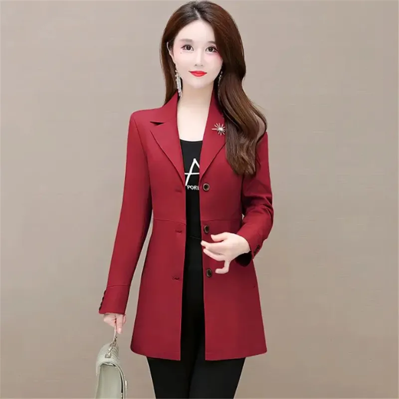 Spring Autumn Mid-Long Suit Jacket Women 2023 New Loose Blazer Vintage Coat Single-Breasted Outerwear Fashion Brooch Tops Female