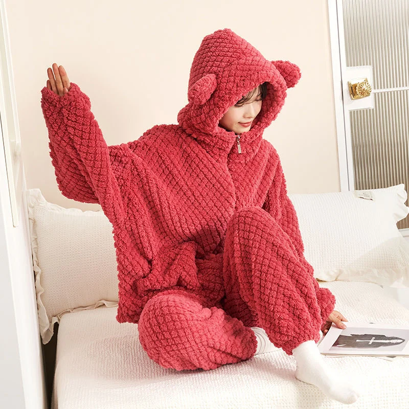 Autumn Winter Women\'s Sleepwear Flannel Pajamas Set Thick Fleece Nightwear Sets Warm Home Suits Hoodie Plus Pants