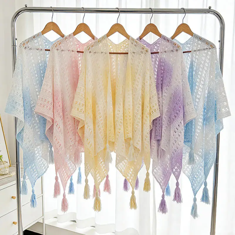 

Ethnic Style Pashmina Women Tie-Dye Bikini Cover-Up Cardigan Knitted Hollow-Out Chal Summer Beachwear Vacation Pallium 110*60Cm