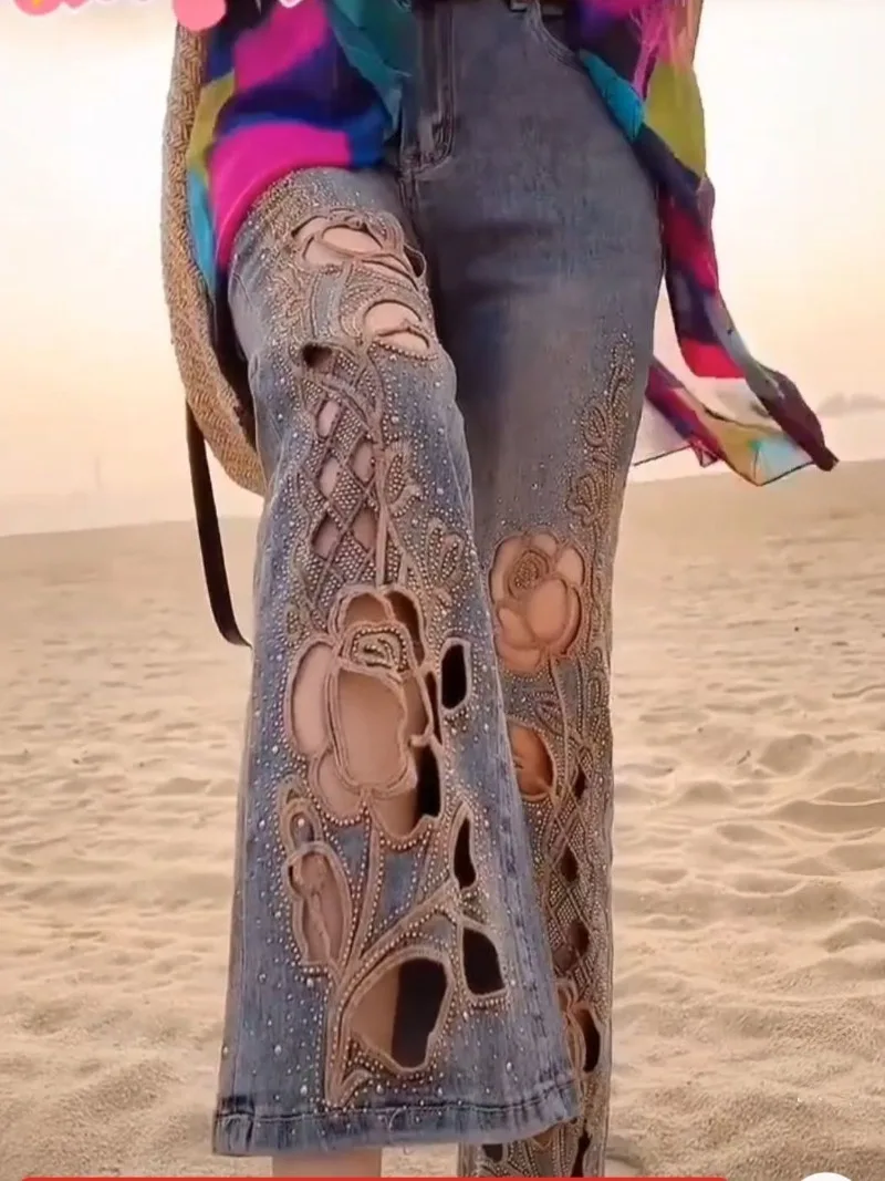 

2025 Summer Women New Heavy Industry Hollow Embroidered Jeans Women High Waist Skinny Fashion Versatile Nine-Point Flared Pants