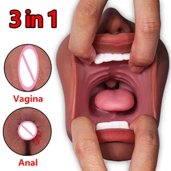 남성용 현실적인 질 구강 섹스 토이, 포켓 음모, 깊은 목구멍 자위, 남성용 블로우잡 섹스 도구, 3 in 1