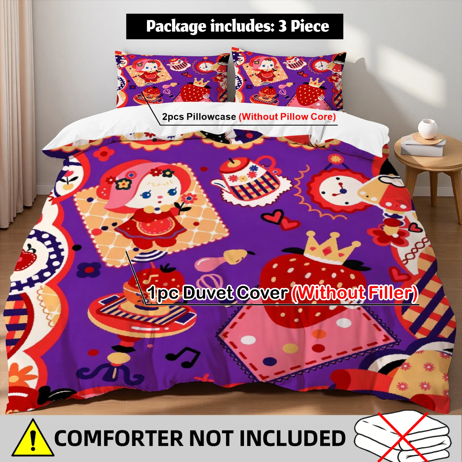

Strawberry Crown Bunny Bedding Set Duvet Cover Set 2 Pillowcases Purple Birthday Gift For Cozy Home Decor Twin Queen King Size