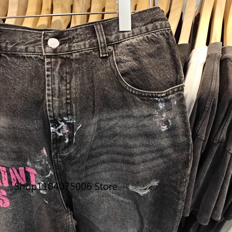 2025 세인트 디스트레스드 데님 팬츠 그래피티 아트 스트레이트 레그 미드 웨이스트 유니섹스 캐주얼 진