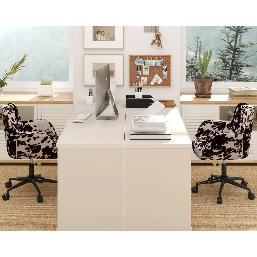 Ergonomic Cow Print Velvet Swivel Office Desk Chairs with Wheels and Arms, Comfortable Height Adjustable Set of 2 for Home Offic