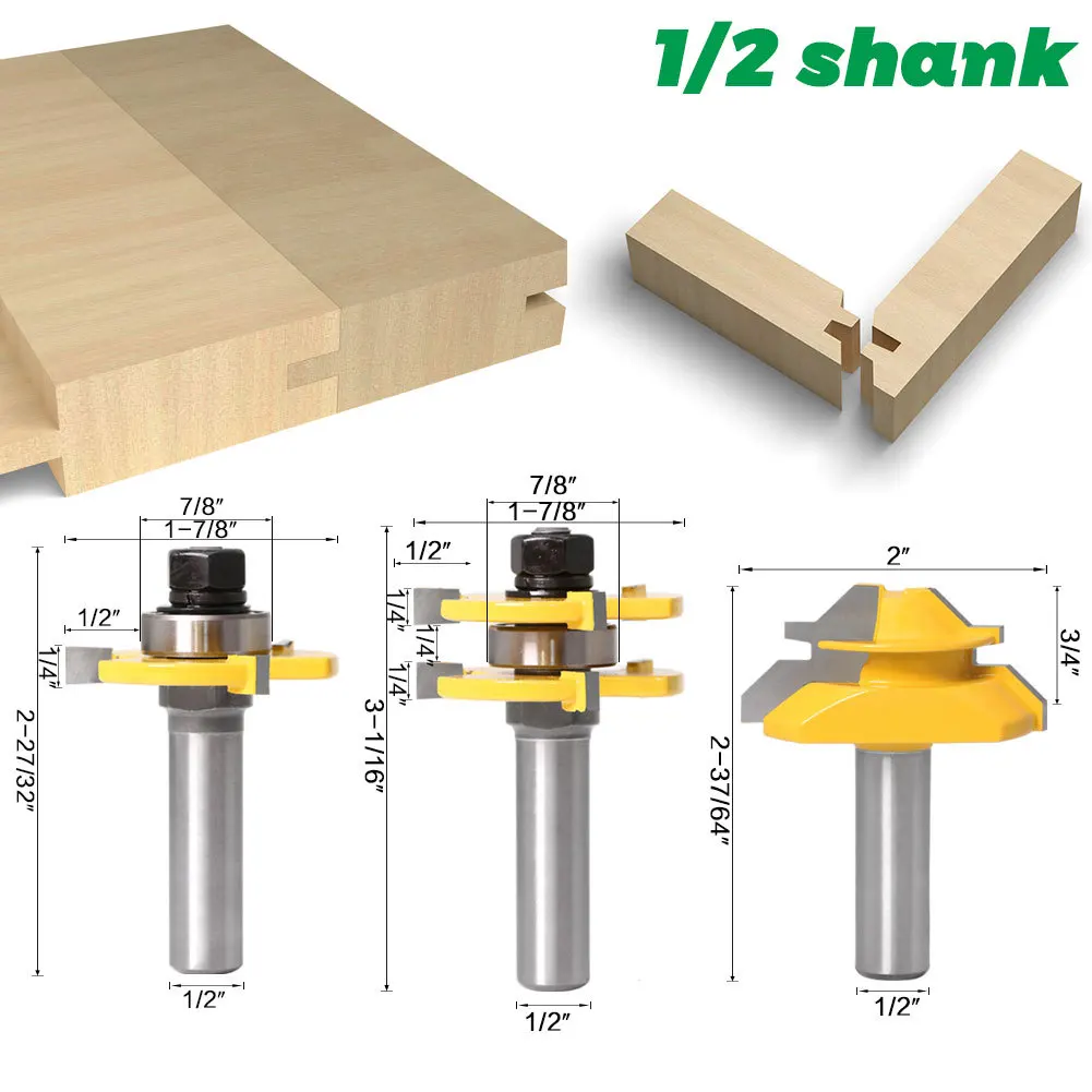 3PC/Set 1/2" 12.7MM 12MM Shank Milling Cutter Wood Carving Tongue and Groove Router Bit Tool Set 45 Degree Lock Miter Router Bit