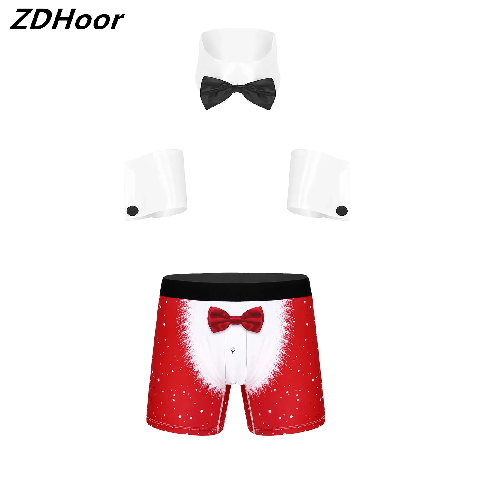 

Mens Christmas Costume Set Elastic Waistband Printed Boxer Shorts with Collar And Cuffs for Cosplay Role Play Theme Party