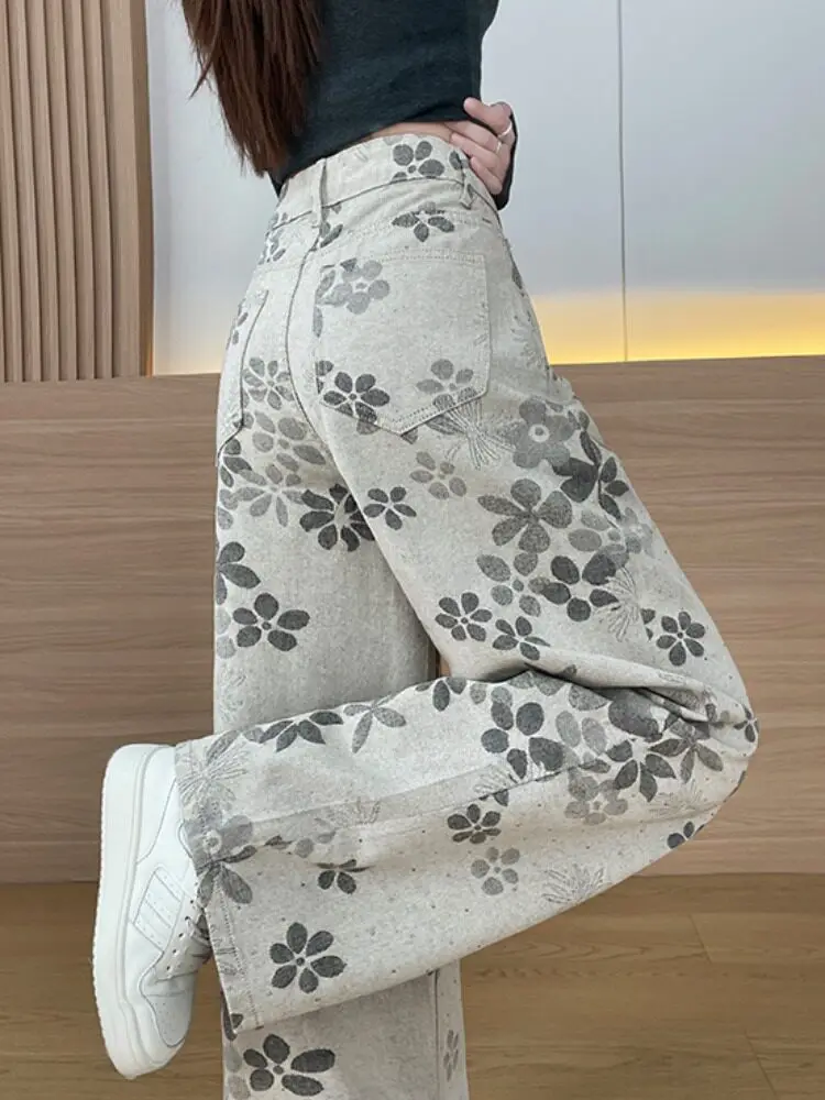 Women's Grey Y2k Print Jeans Vintage Harajuku Grunge Hiphop Denim Trousers Baggy Straight Wide Leg Long Jean Pants Summer 2026