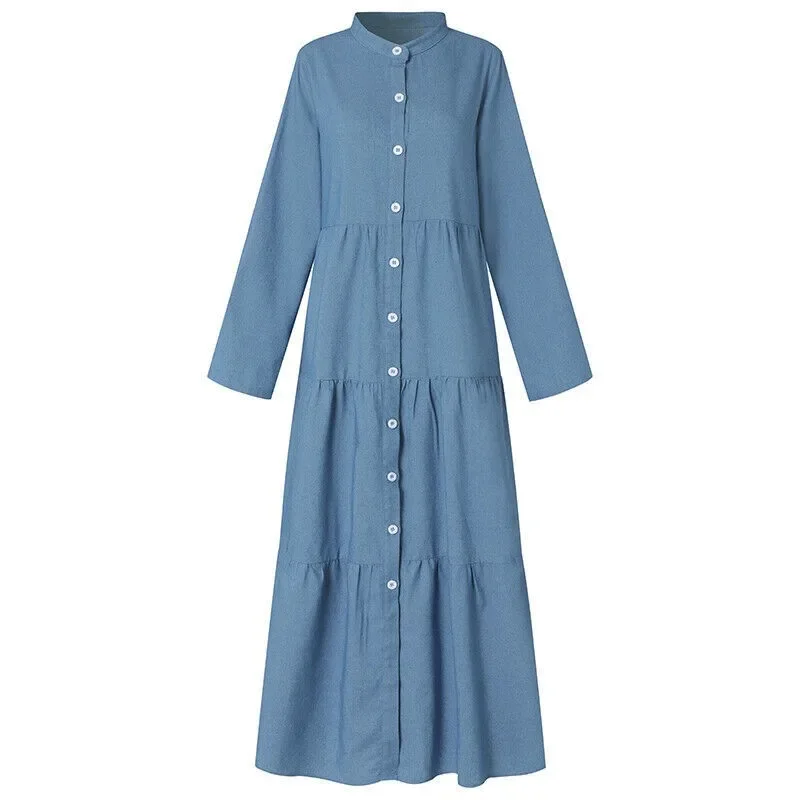 Women\'s Fashion Long Sleeved Loose Denim Casual Long Dress with Solid Color Stand Up Collar Button Long Sleeved Denim Dress