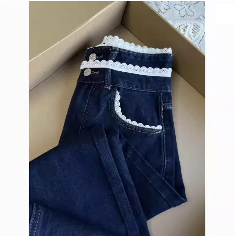 Fashion Deep Blue Jeans Women Spring Autumn New Lace Design Patchwork Retro High Waisted Loose Straight Leg Floor Pants Female