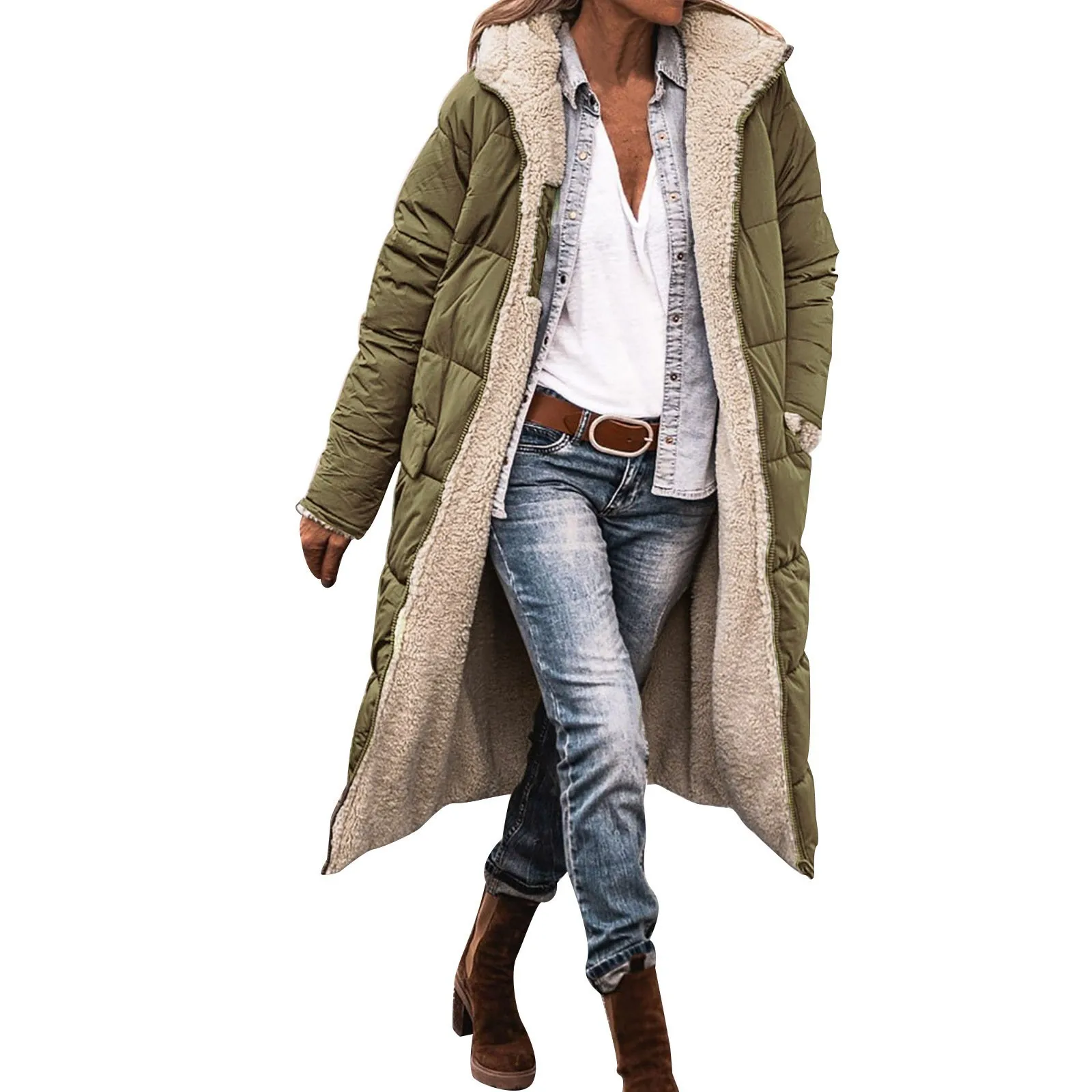 Womens Fashion Casual Zip Up Jacket With Pockets Fleece Hoodie Winter Reversible Teddy Long Coat Outerwear Olive Puffy Jacket