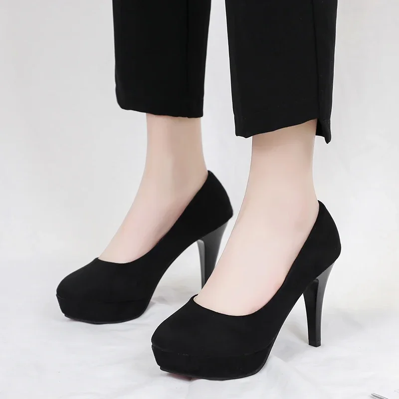 High heels for women, slim heels for versatile girls, round toe waterproof platform, etiquette black formal professional shoes