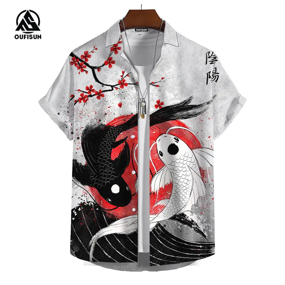 Summer Men\'s Short Sleeve Shirts Japanese Style Print Pattern Street Trend Men\'s Shirts Oversized Tops