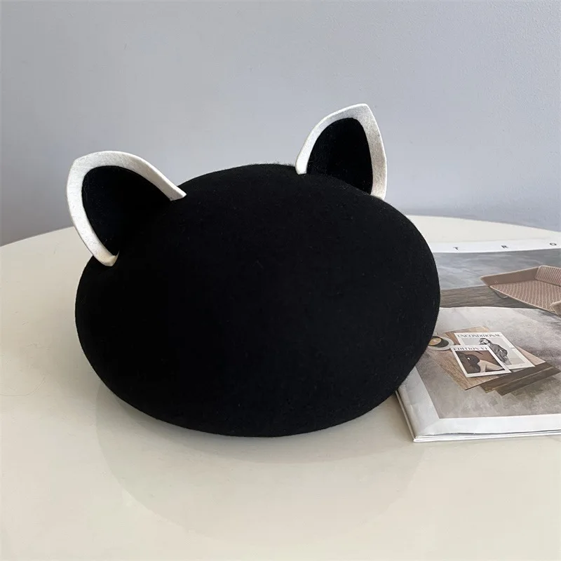 

Light Luxury Australian Wool Felt 3D Cat Ears Beret Girls Autumn and Winter Cute Warm Literary Wool Painter Hat