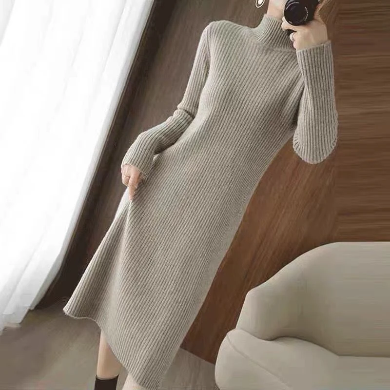 Herbst Winter Mode Elegante Halb Kragen Dünne Lange Hülse Grundlegende Rippe Gestrickten Pullover Kleid für Frauen Casual Solide Kleider Vestidos