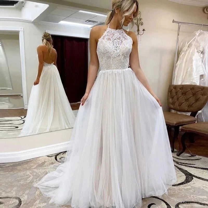 

ANGELSBRIDEP A-Line High-Neck Wedding Dresses Robe de mariee Fashion Applique Beading Court Train Formal Bride Dress Plus Size