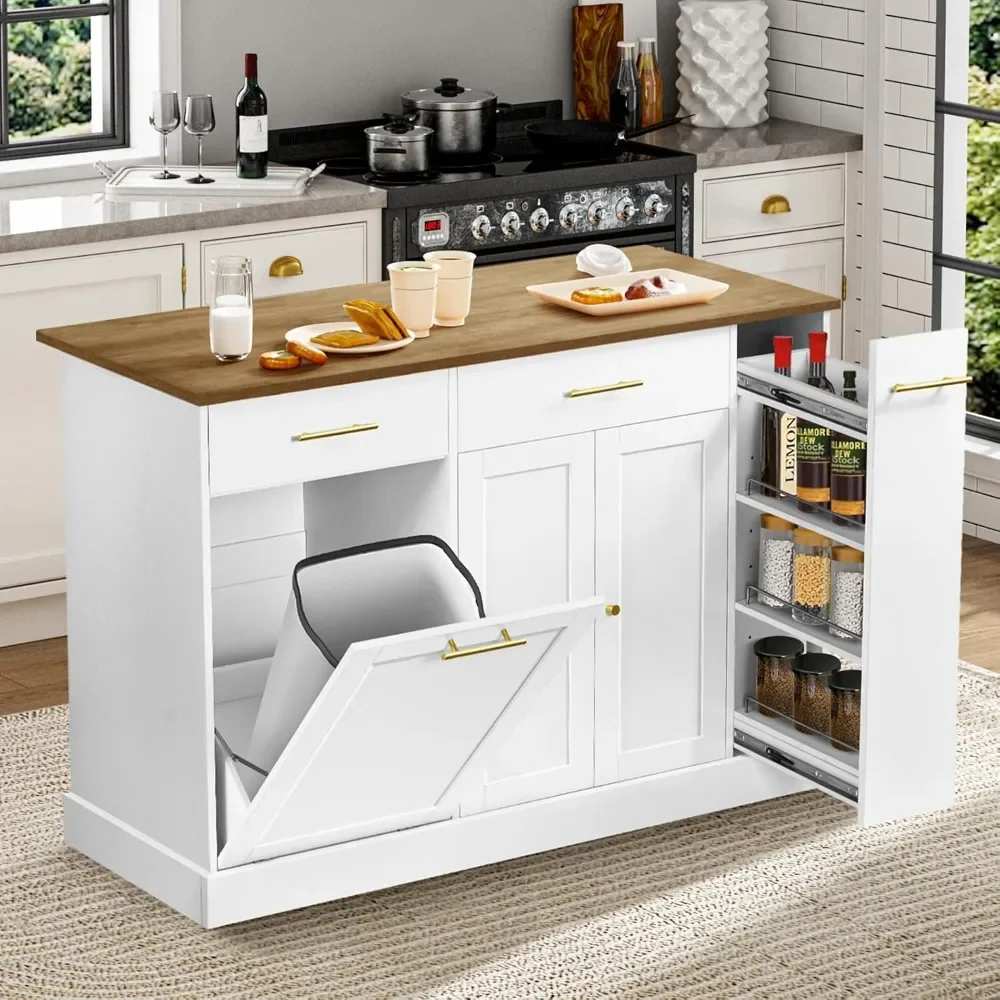 Kitchen Island with Tilt Out Trash Can Storage Cabinet, Large Kitchen Island with Pull Out Spice Rack, 2 Drawers