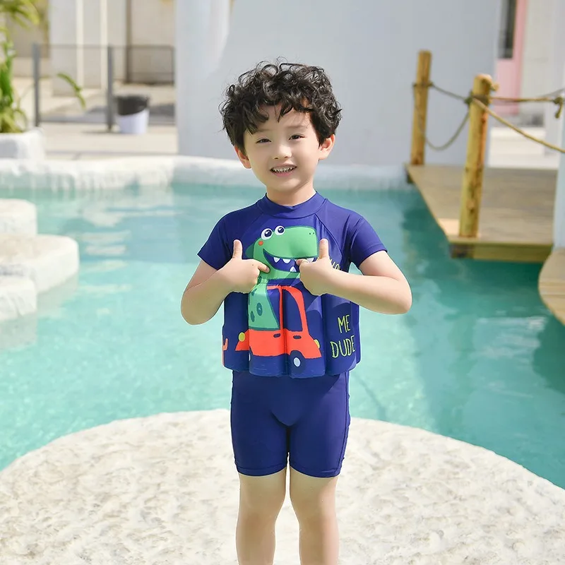 2024 New Children\'s Buoyancy Swimsuit Boys Cute Boys Cartoon One-piece Short-sleeved Swimsuit Children\'s Baby Equipment Suit