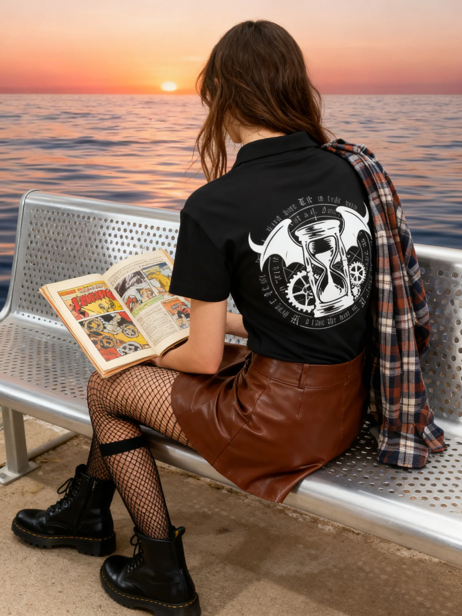 Women's Rebel Print Polo Shirt Y2K Grunge Aesthetic Short Sleeve Slim Fit Casual Top Black White Vintage Graphic Tees Streetwear