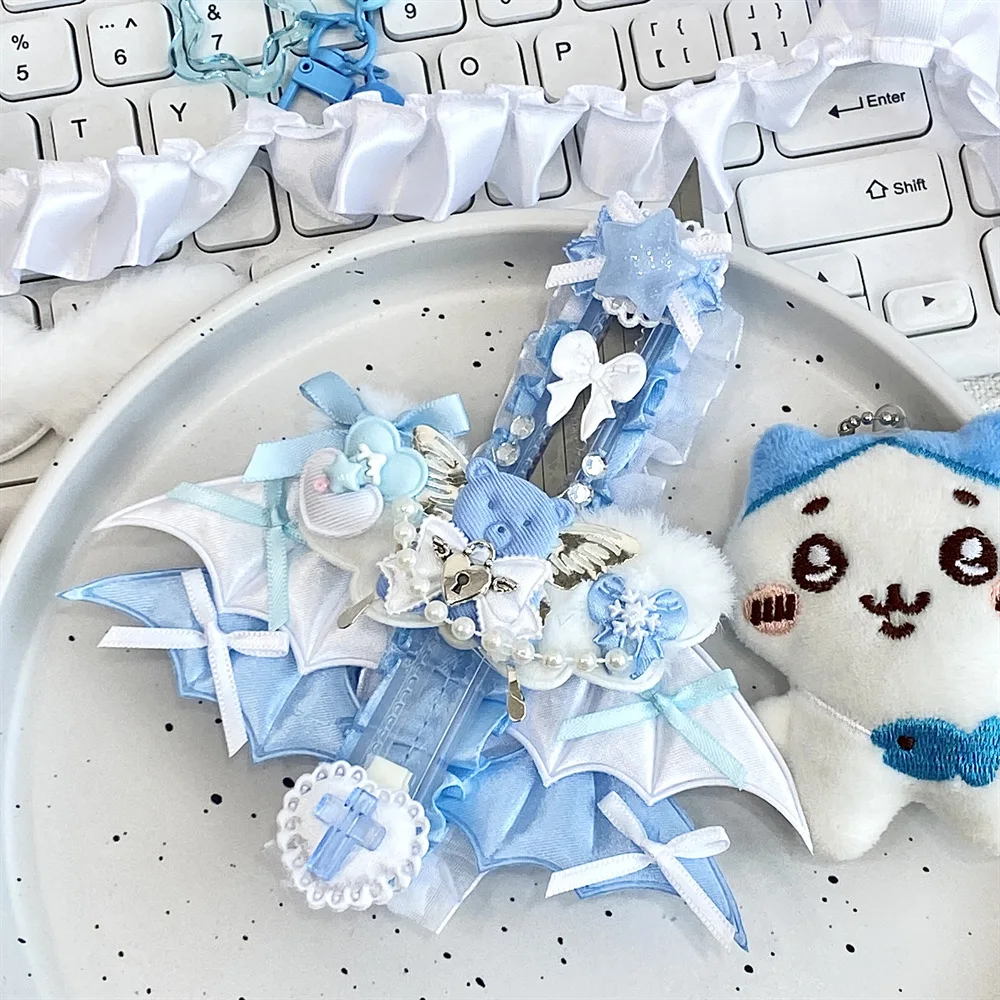 1Pc INS Cute Blue Devil Wings Lace Ribbon Bow Utility Knife Kawaii Subculture Girl Art Craft Cutter Envelope Express Box Opener