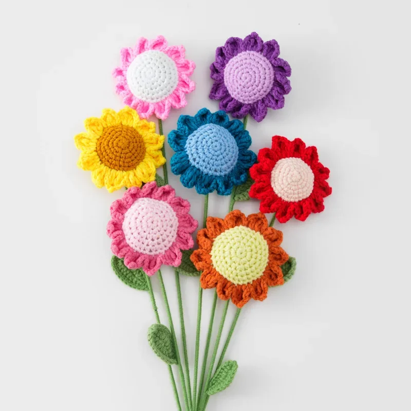 1pc Creative Knit Sunflower Colourful Crochet Flowers Woven Plants Flores Artificiales Wedding Party Decor Friends Gift