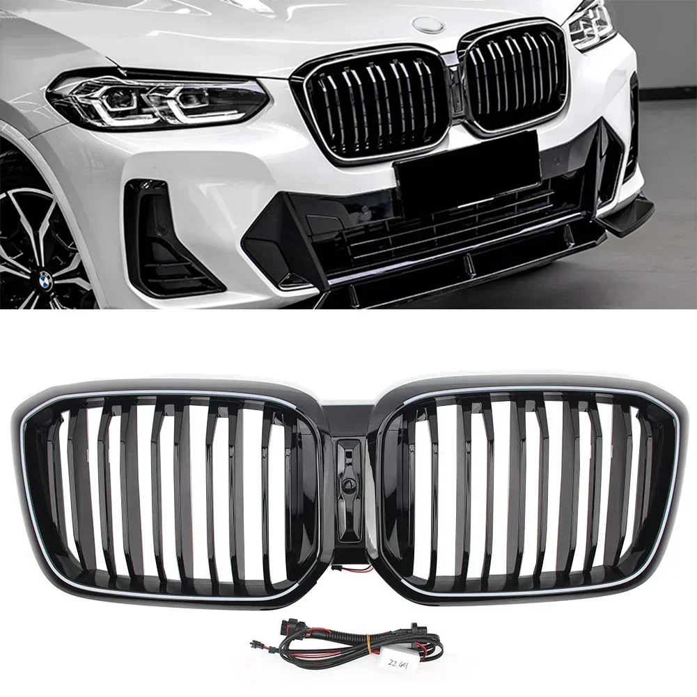 LED Front Radiator Kidney Bumper OEM Hood Grille Replacement For BMW X3/X4 G01 G02 G08 M40i 20i 30i LCI 2022-2024 Double Fins