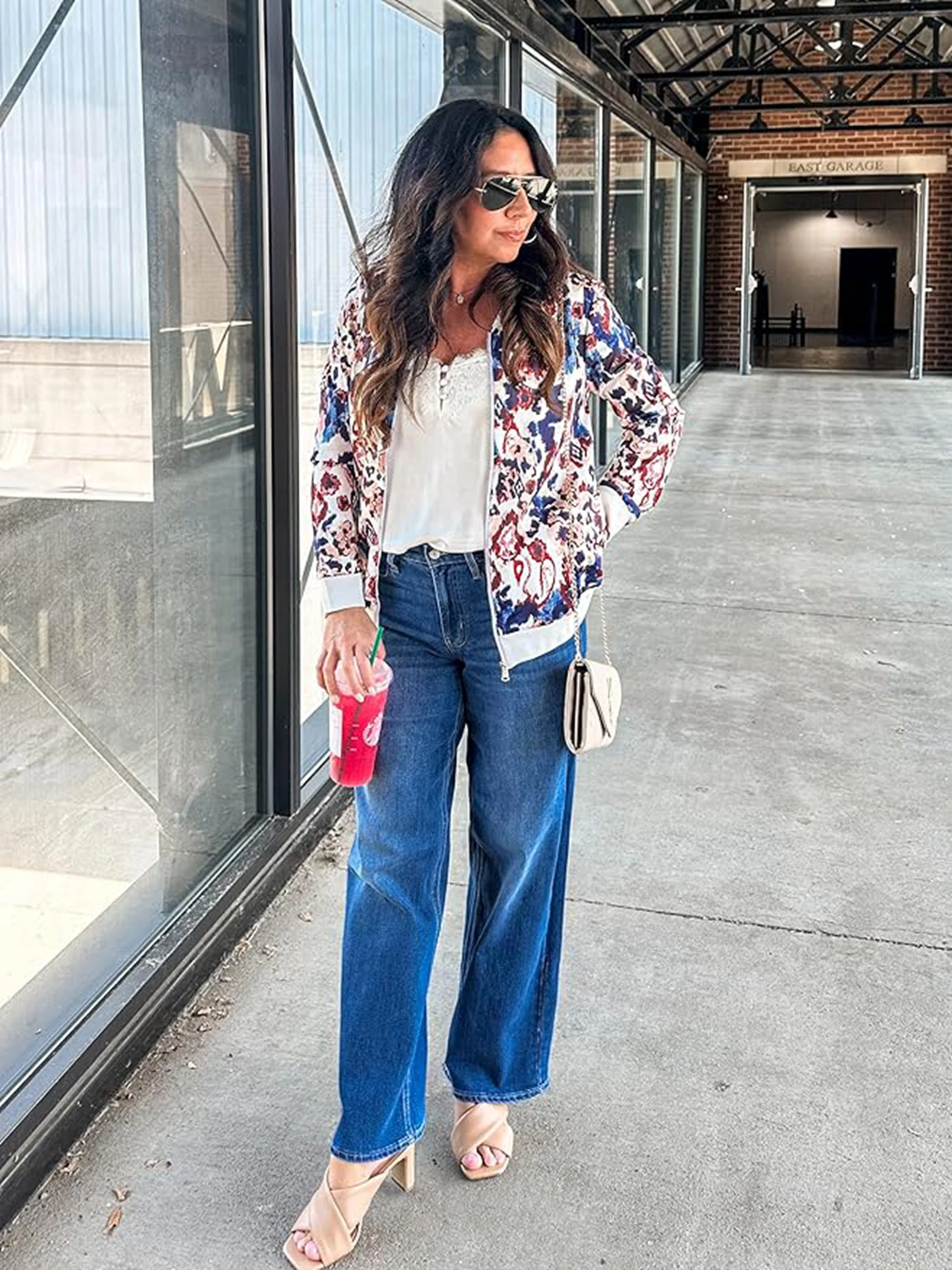 Chaqueta Bomber Vintage con Estampado Floral para Mujer Tallas Grandes, Cierre Completo con Cremallera, Cuello Alto, Manga Larga, Puños y Dobladillo Acanalados, Prenda Exterior Casual Holgada
