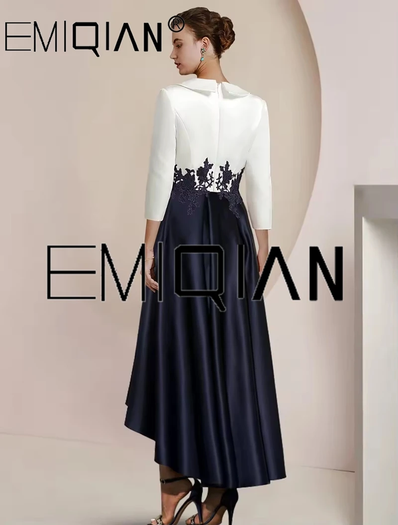 

Black & White Mother's Dress Asymmetrical 3/4 Sleeve Mother of the Bride Dress A-Line V-Neck Satin Formal Evening Dresses