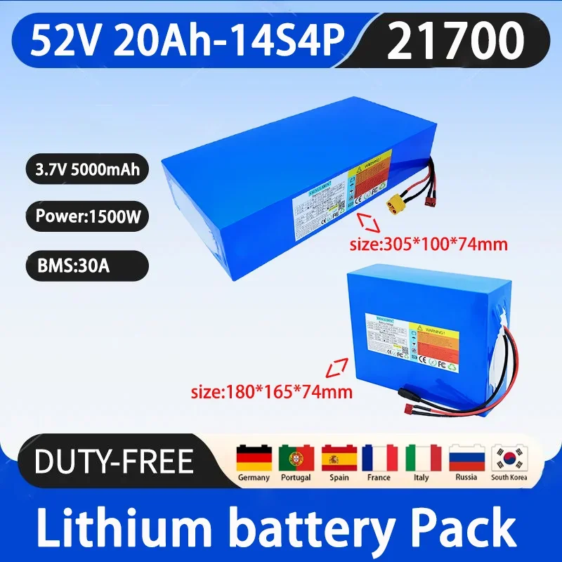 New 52V 20Ah 21700 Lithium ion Battery 14S4P High Power 30A BMS 48V 1500W Outdoor Camping Backup Battery+58.8V 3A Charger