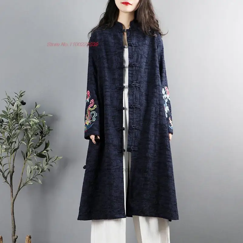 2024 traditional chinese vintage hanfu tops national flower embroidery coat tea service cotton linen jacket ethnic cardigan