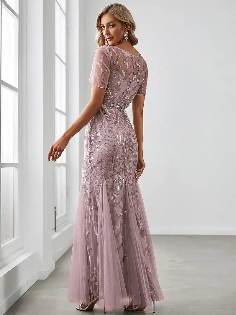 Elegante vestido de noite lantejoulas impressão fishtail tule vestidos para festa 2025 sempre bonito de lilás lantejoulas tule vestidos de dama de honra