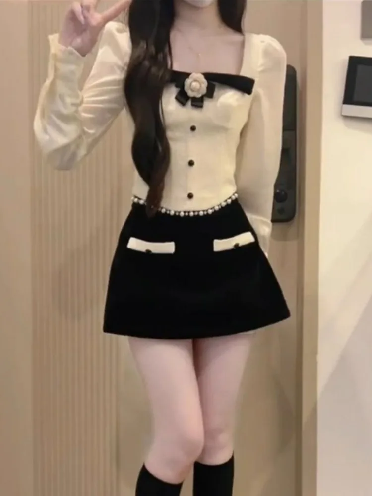 Elegant Sweet Square Collar Bow Long Sleeve Tops Women+ Y2k E-Girl High Waist Bodycon 2024 Spring New Skirts Two Piece Sets