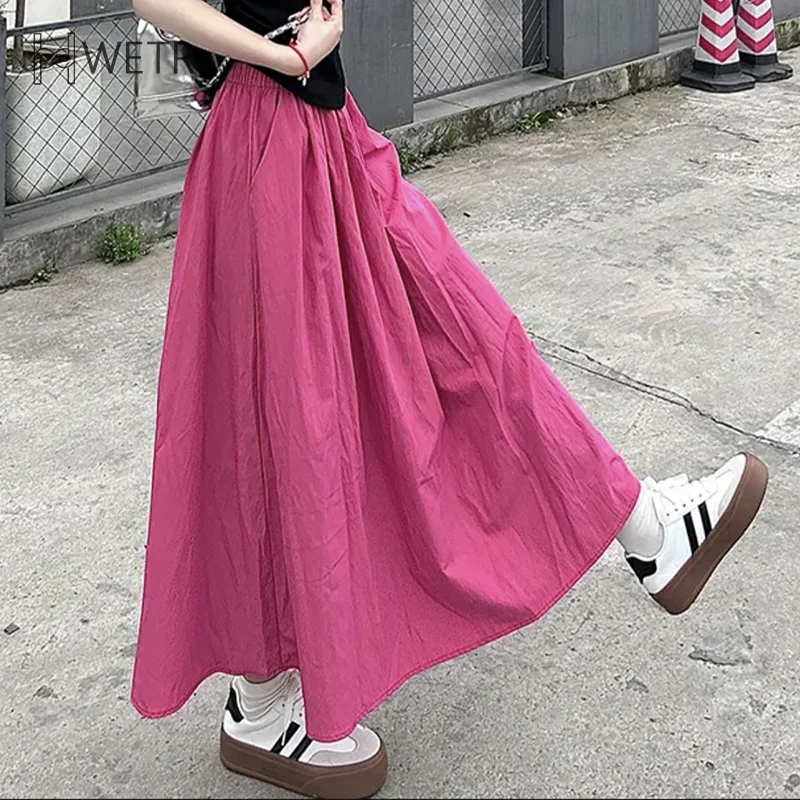 

High Waisted Draped Loose 2-Layer Soft Silk Light Color Flared Long Skirt For Women