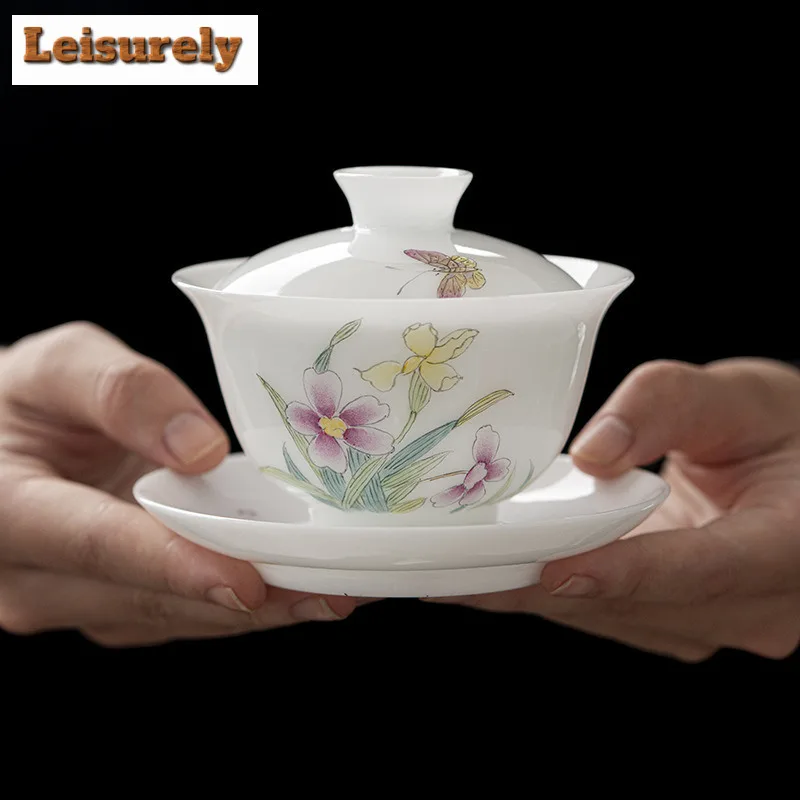 135ml Hand-painted Daffodil Gaiwan Japanese White Jade Clay Porcelain Tea Tureen Tea Maker Cover Bowl Drinkware Accessories Gift