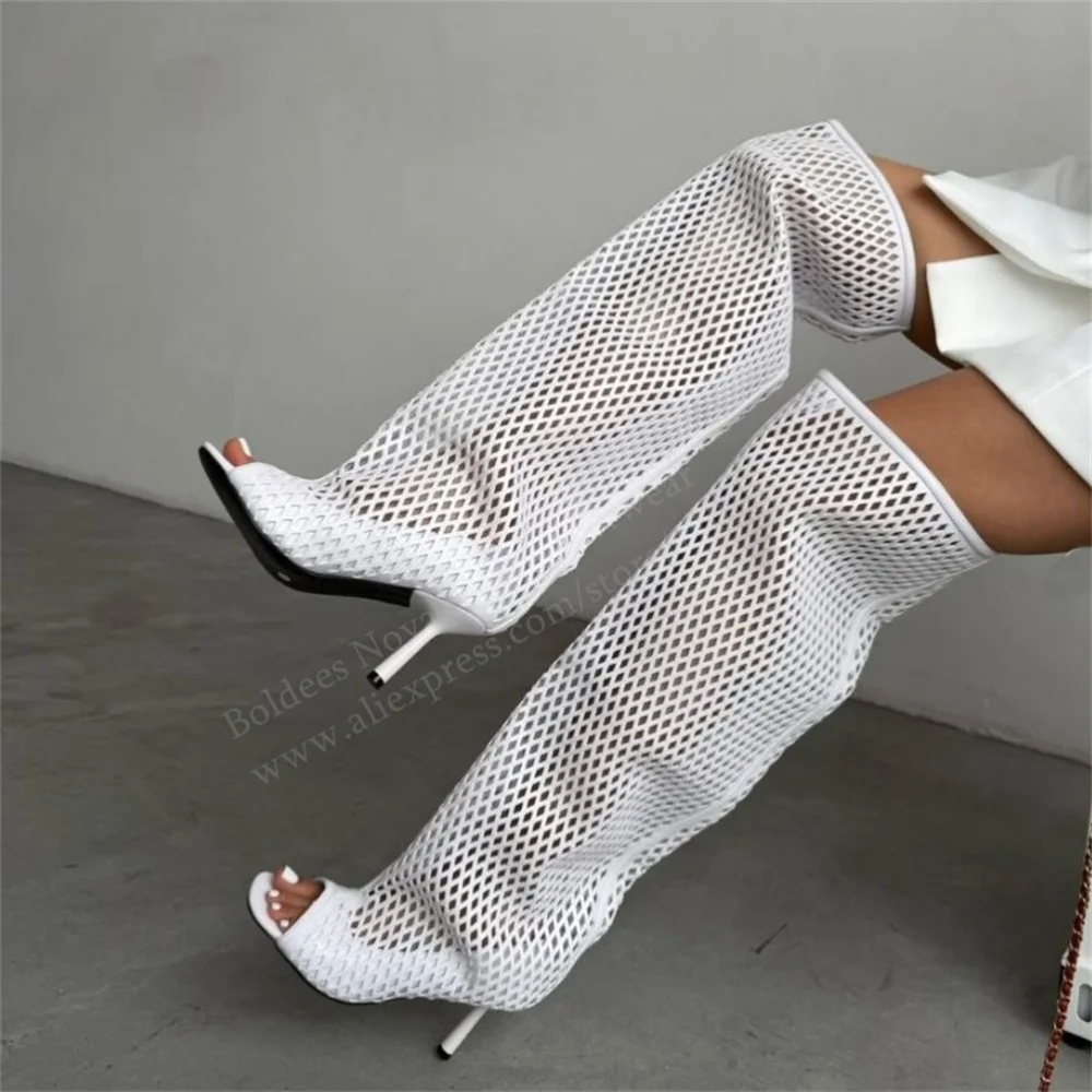 Brown Hollow Out High Heel Over The New Boot Women Sexy Open Toe Stiletto Heel Slip On Solid Color Summer New Trendy Long Boot