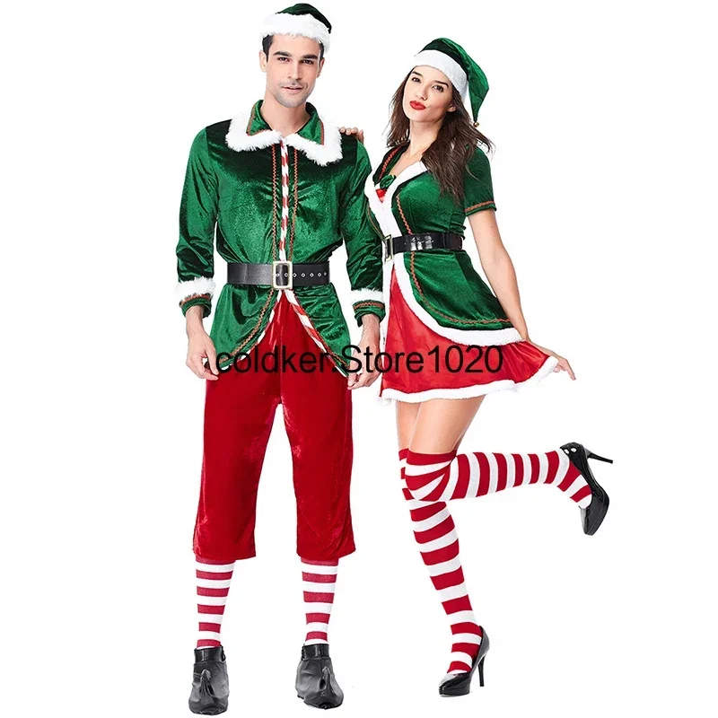 Navidad Cosplay disfraces de Halloween Festival para hombres mujeres verde Navidad elfo traje Santa Claus vestido de fiesta elegante conjunto de Cosplay