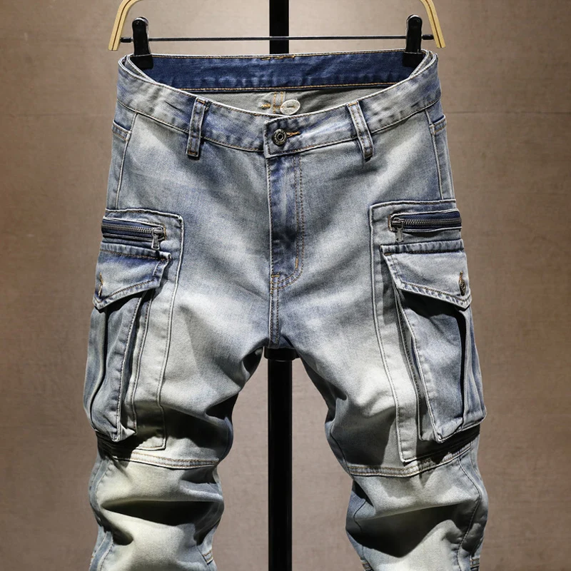 Street Designer Fashion Men Jeans Retro Washed Blue Stretch Slim Fit Multi Pockets Denim Cargo Pants Hombre Hip Hop Biker Jeans