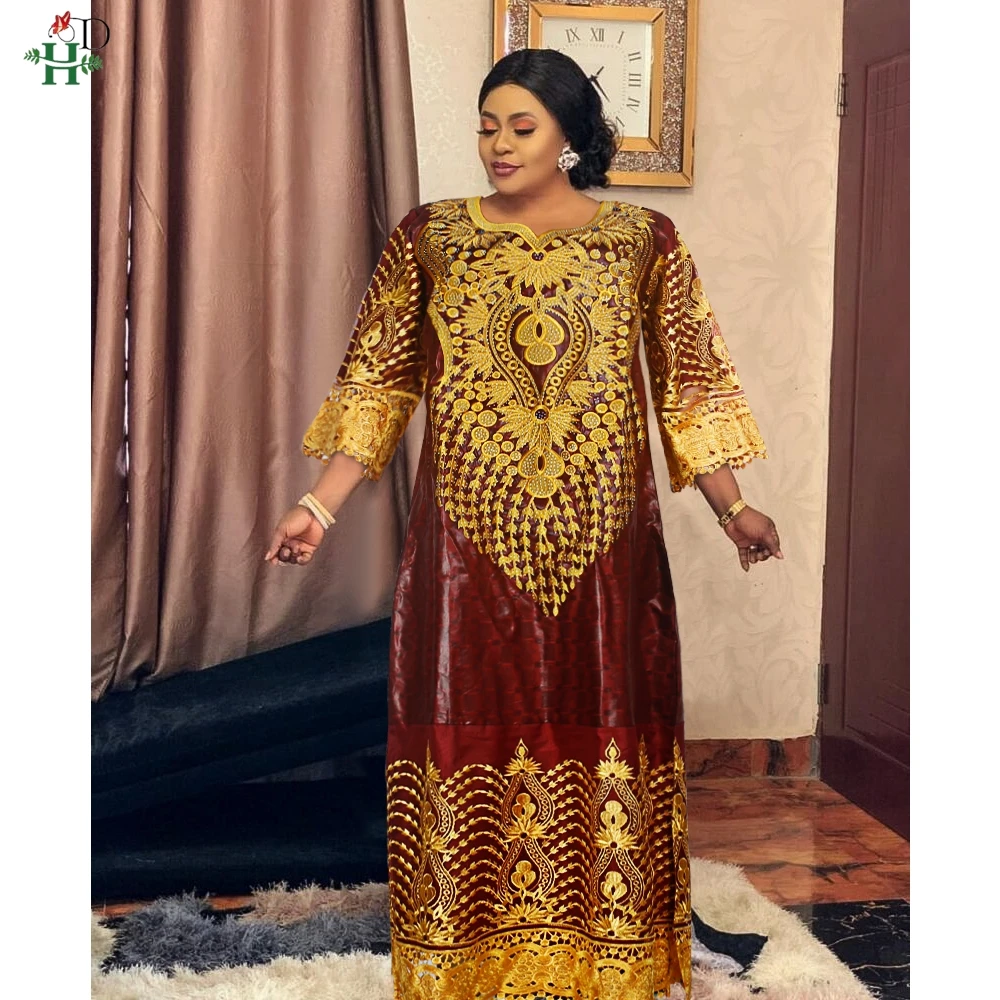 H&D Women Traditional African Dresses Bazin High Quality Embroidery Dresses White Traditional Dress for Wedding Party Occasions