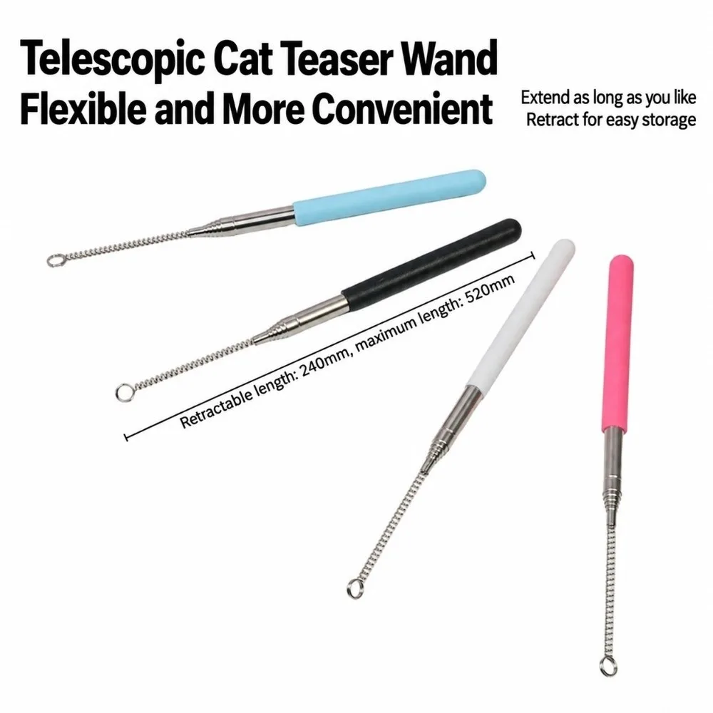 Stainless Steel Cat Teaser Wand Replaceable Head Retractable Telescopic Cat Wand Retractable Cat Teaser Wand Indoor/Outdoor