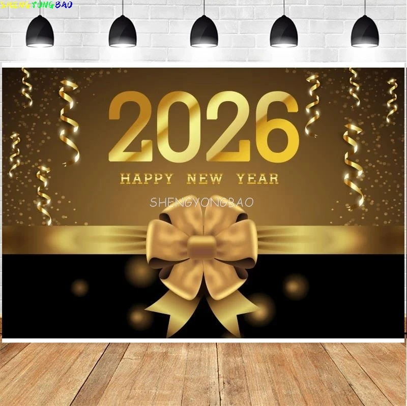 2026 الذهب سنة جديدة سعيدة خلفية بريق ساعة أضواء الشمبانيا بالونات عيد الميلاد الأسرة حفلة التصوير خلفية NY-03 #4