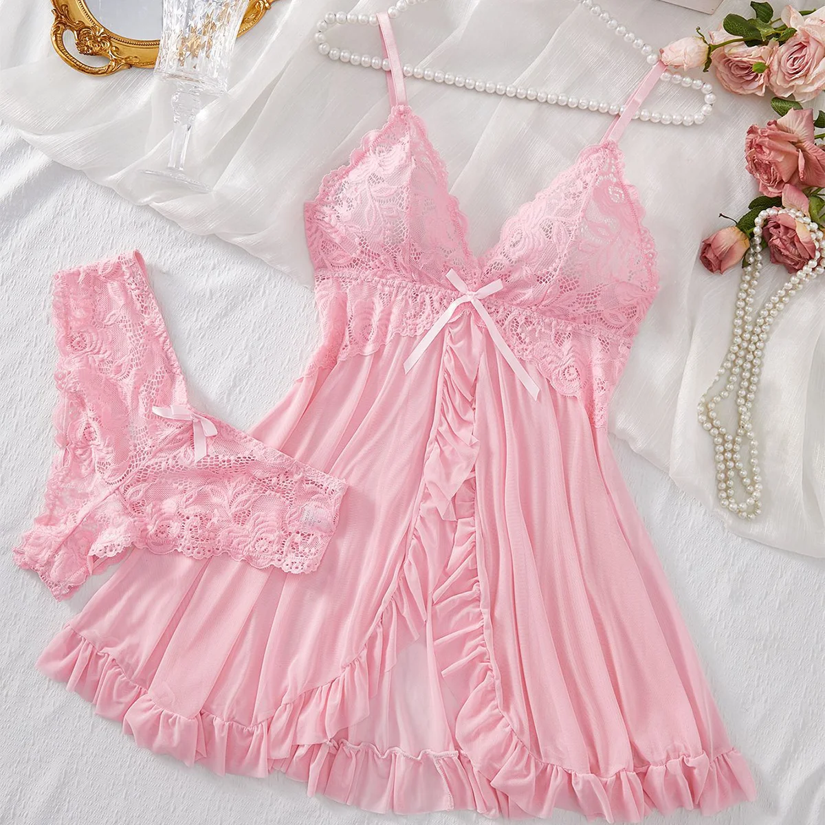 

Sexy Lingerie Sleep Dress Women Nightdress Lace Sleepwear Solid Slim Soft V Neck Full Slip Dresses & Panties Set