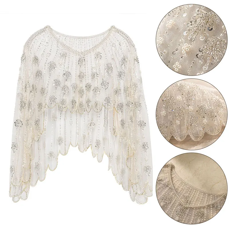 Women Beaded Sequin Tulle Shawl Cape V Neck Wedding Bridal Shoulder Wrap Fringe Evening Party Dress Cover Up