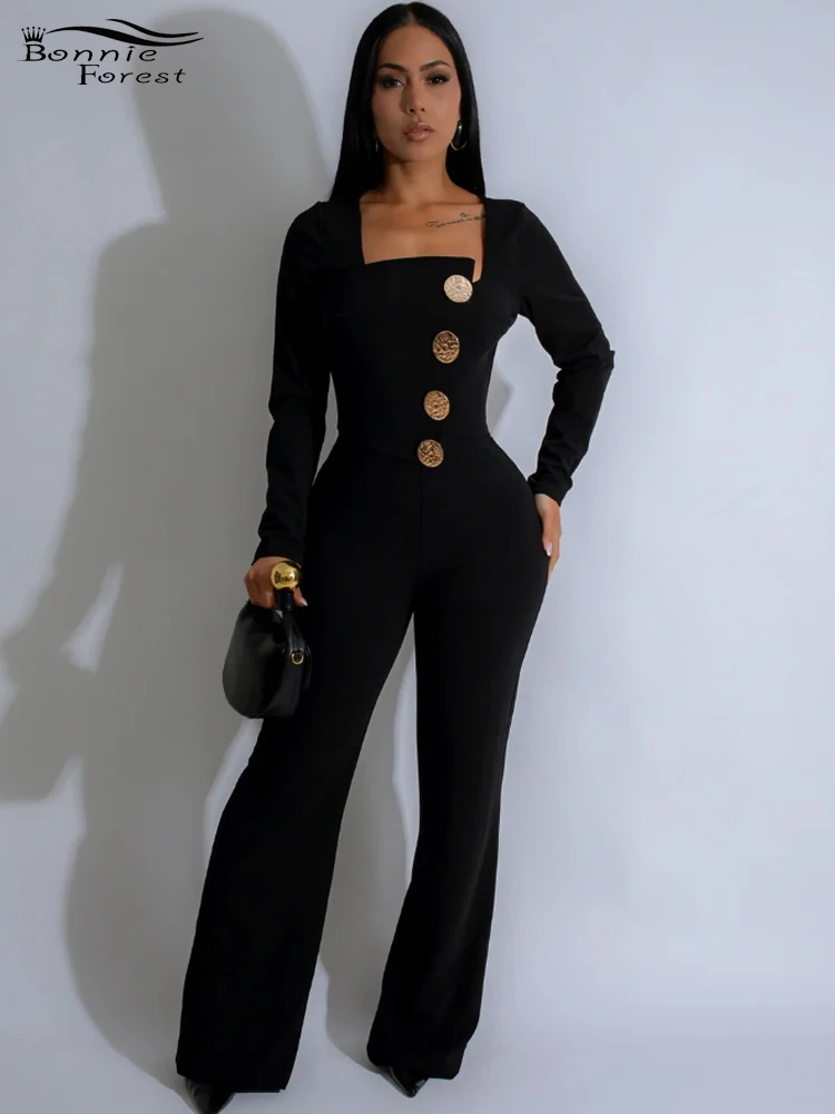 Bonnie Forest Women Casual Long Sleeve Button Fitted Jumpsuit Elegant Chic Gold Accent Button Jumpsuits Romper One Piece Outfits