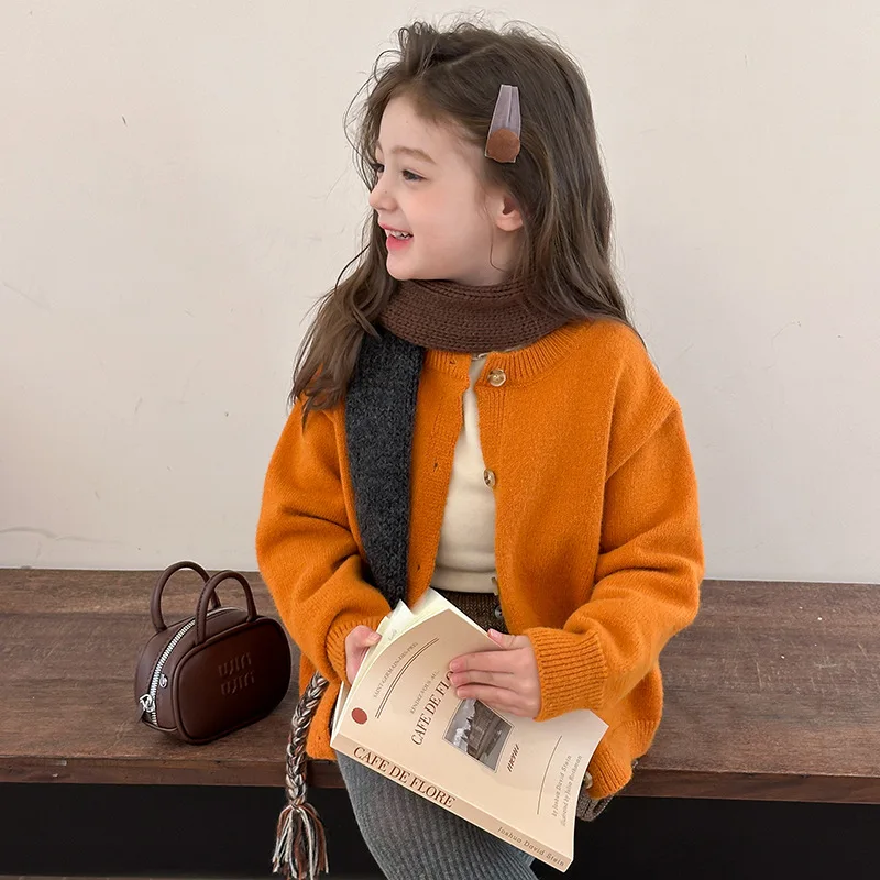 Girls Coat 2025 Autumn Winter Korean Version Knitted White Orange Sweater Cardigan Sweet and Cute Daily Fashion