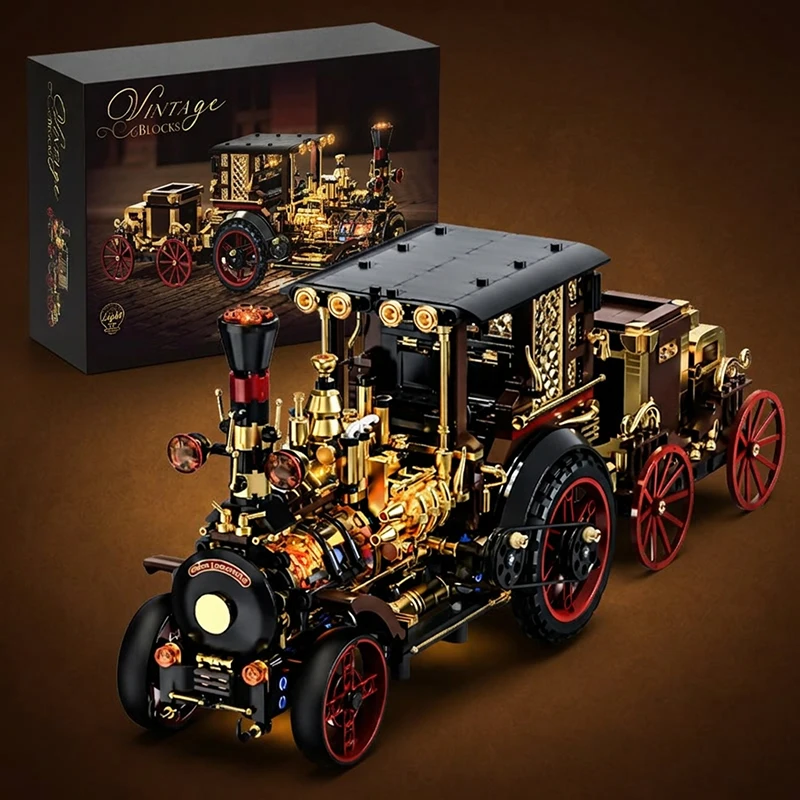 

MOC Retro Mechanical Steam Car Building Blocks Steampunk Locomotive Train Model Bricks Toys Desktop Decoration Adults Kids Gifts