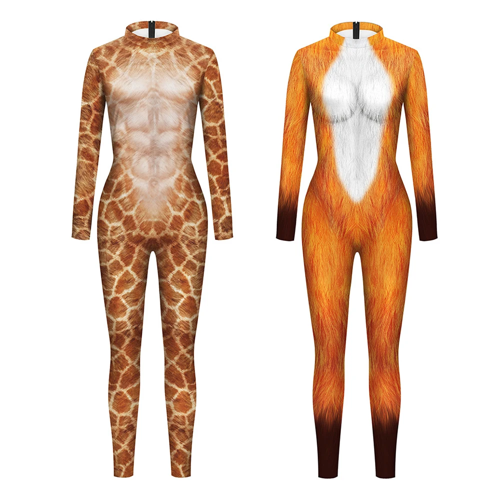 Adult Halloween Giraffe Tiger Lion Jumpsuit Costume Men Women 3D Print Animal Cosplay Bodysuit