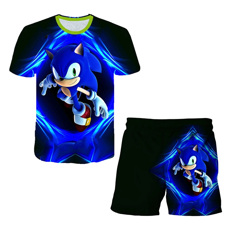 Nuovo cartone animato giapponese Sonic T-shirt top per bambini T-shirt pantaloncini set in due pezzi estate ragazzo cartone animato carino T-shirt + pantaloni da spiaggia