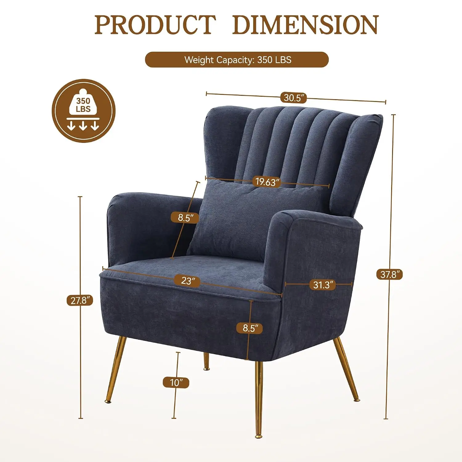 Fabric Accent Arm Chair with Pillow & Golden Legs, 8.5