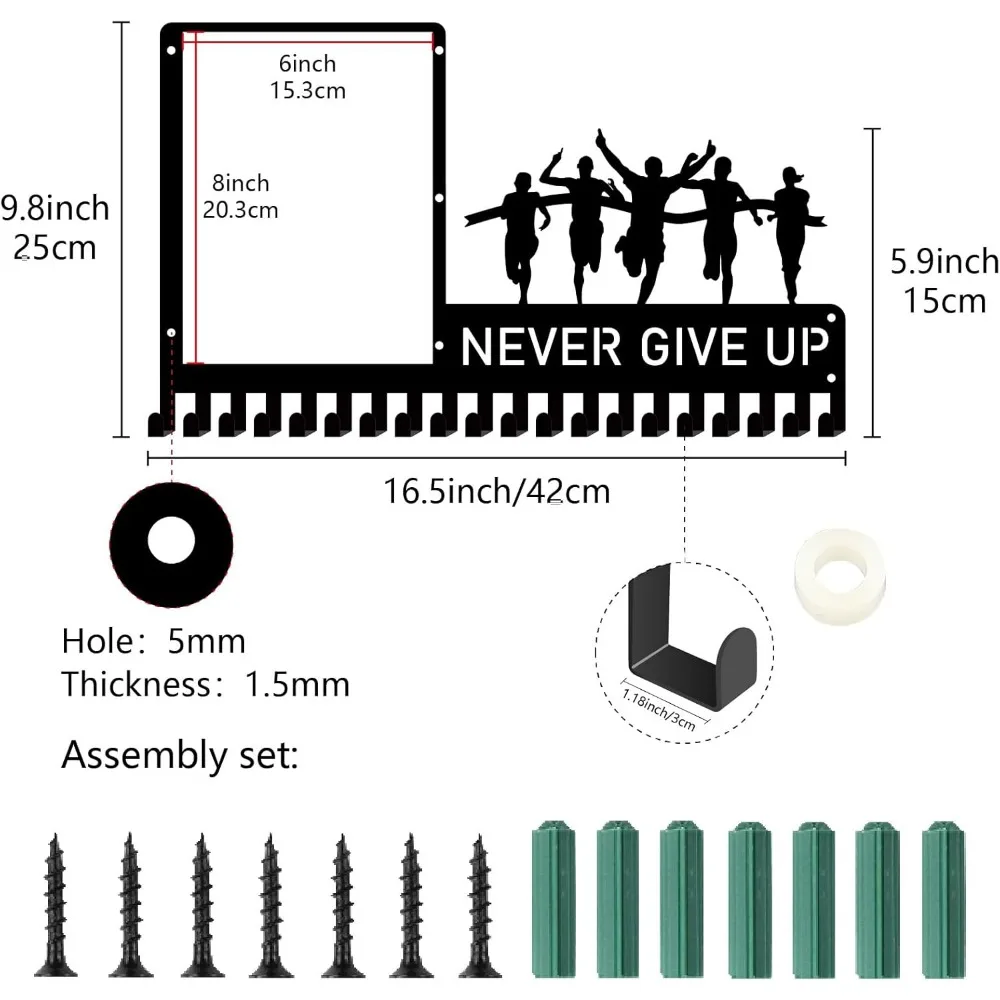 Never Give Up Medal Hanger Display Running Medals Holder Rack with Photo Frame Metal Sports Hanging Athlete Awards Wall Mount