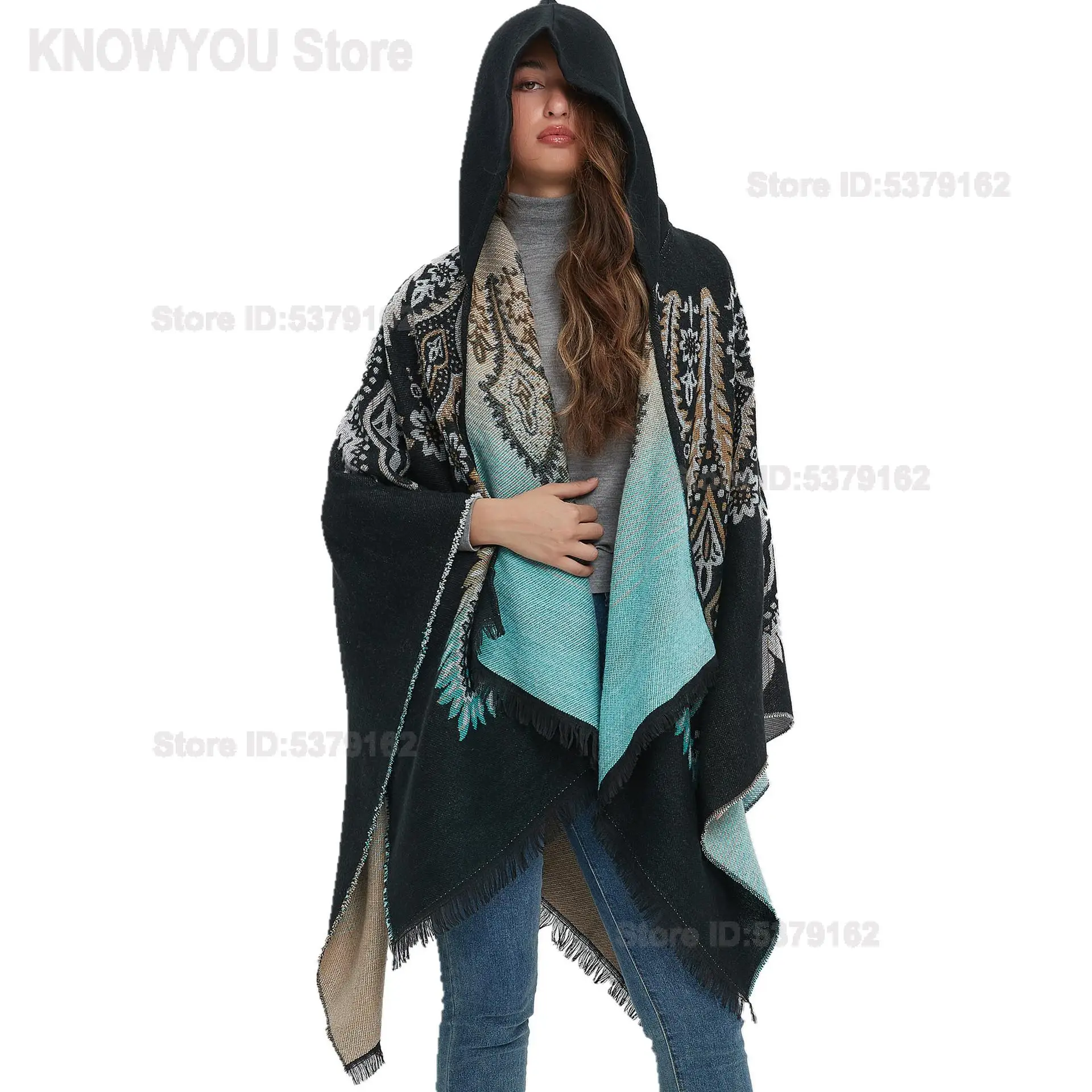 2026 New European Black Blue Peacock Jacquard Hooded Cape Shawl, Women Vintage Loose Warm Outer Cloak
